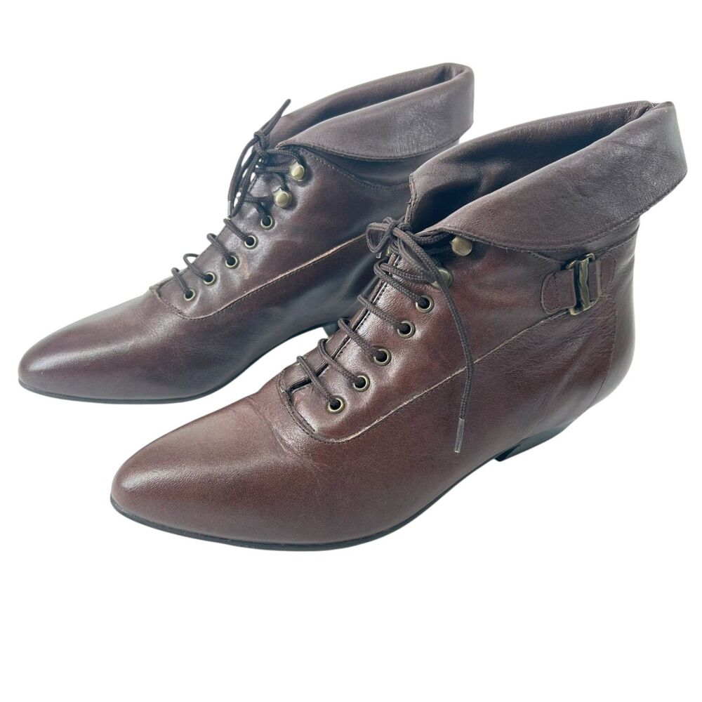 VTG Dark Academia Lace Up Granny Ankle Boots Womens Leather Poppies 7.5 Chile